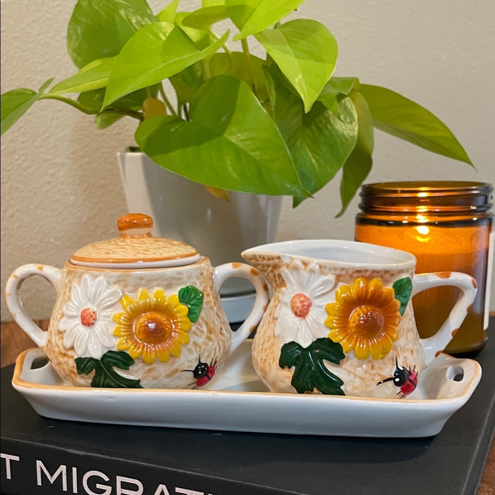 Vintage Casa Nova Sugar & Creamer Set | Sunflowers & Ladybugs | Ceramic Tray